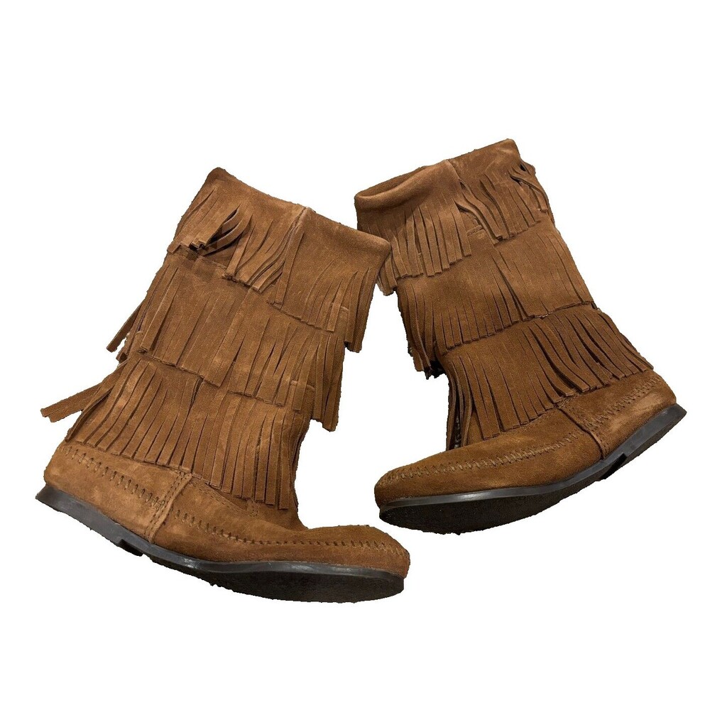 NEW Minnetonka Women's 3-Layer Fringe Moccasin Boots Size 8 Dusty Suede